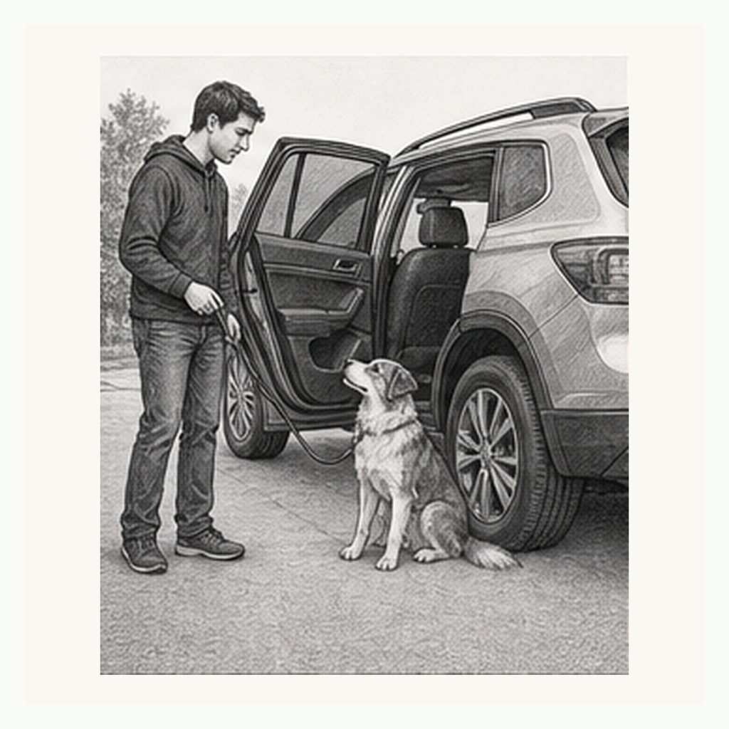 Detailed sketch of a dog waiting calmly beside an open parked car door before entering or exiting