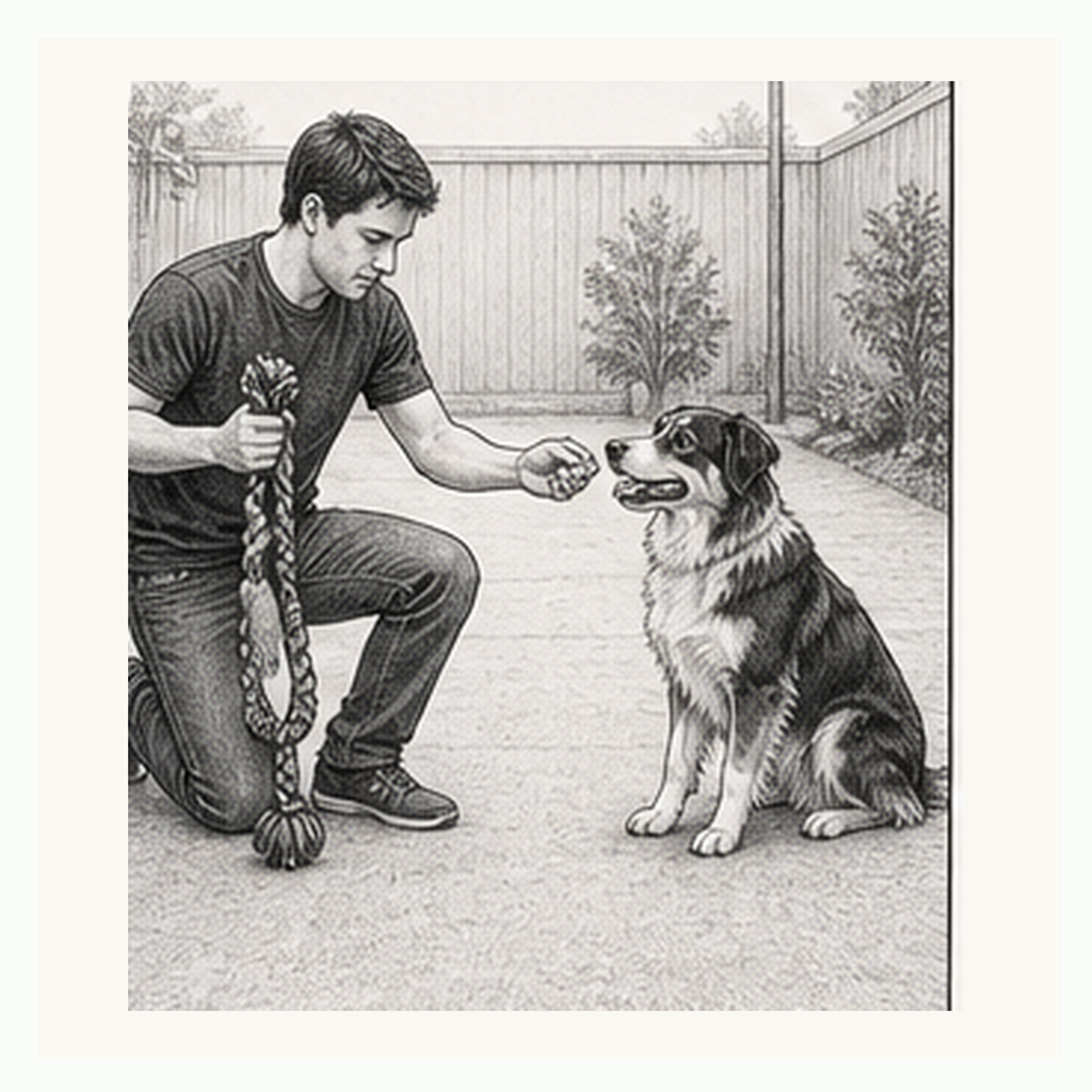 Detailed sketch of a dog sitting calmly after tug play while the handler pauses the toy and rewards focus