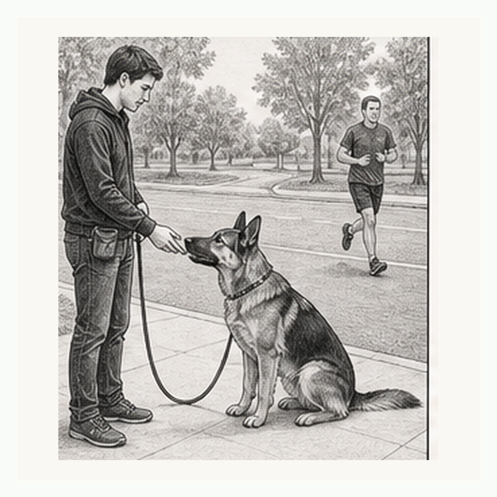 Detailed sketch of a dog touching the handler hand target while a jogger passes in the background