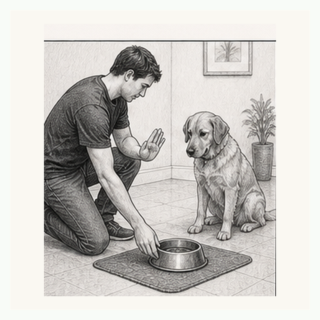 Detailed sketch of a dog waiting patiently while the handler lowers a food bowl to the floor
