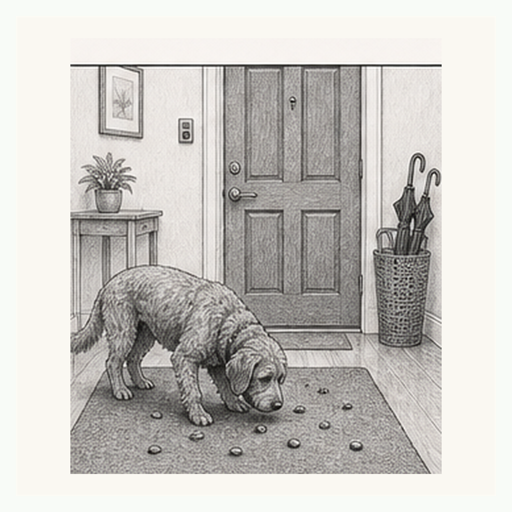 Detailed sketch of a dog sniffing scattered treats on a mat near the front door after a doorbell sound