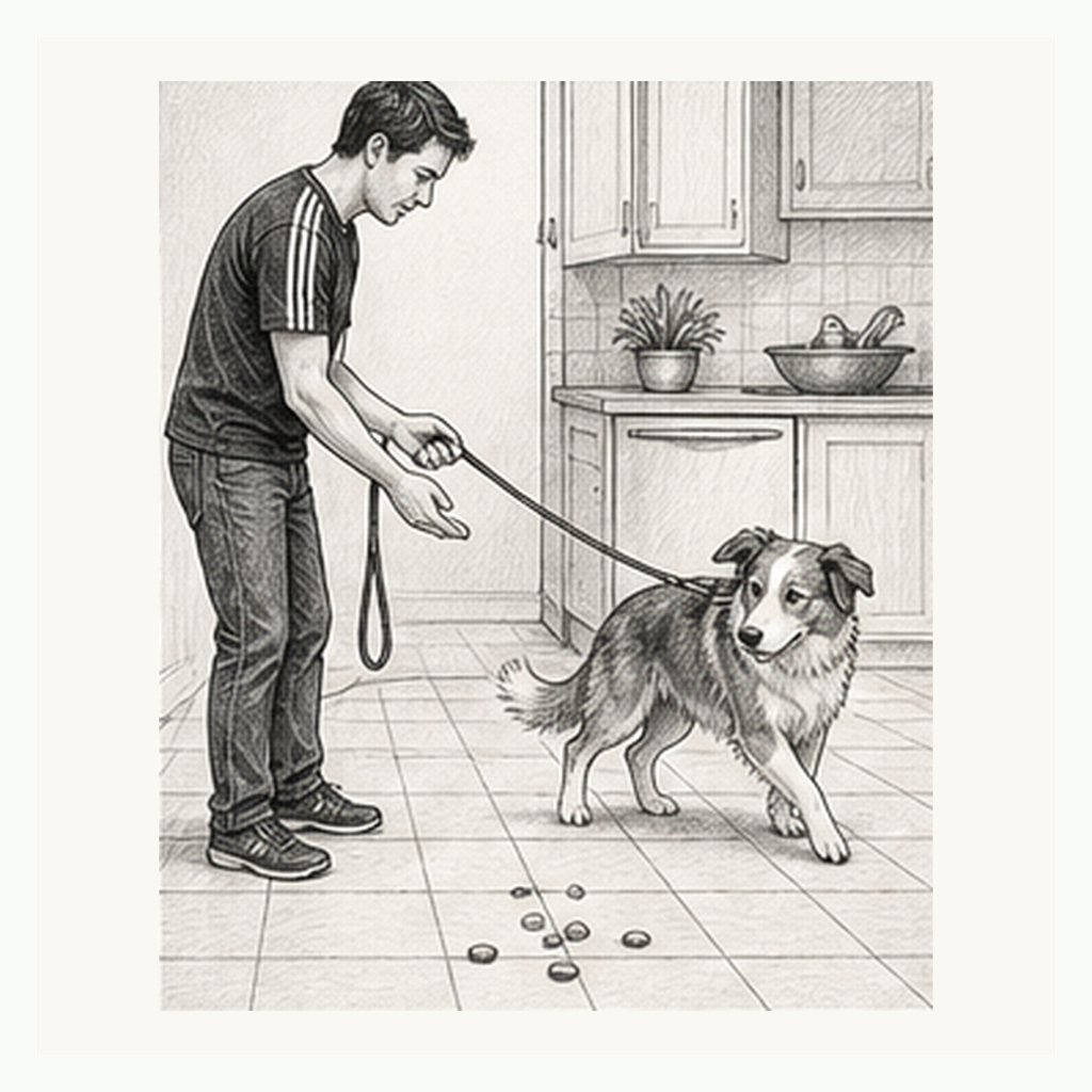 Detailed sketch of a dog backing away from dropped food and taking a reward from the handler
