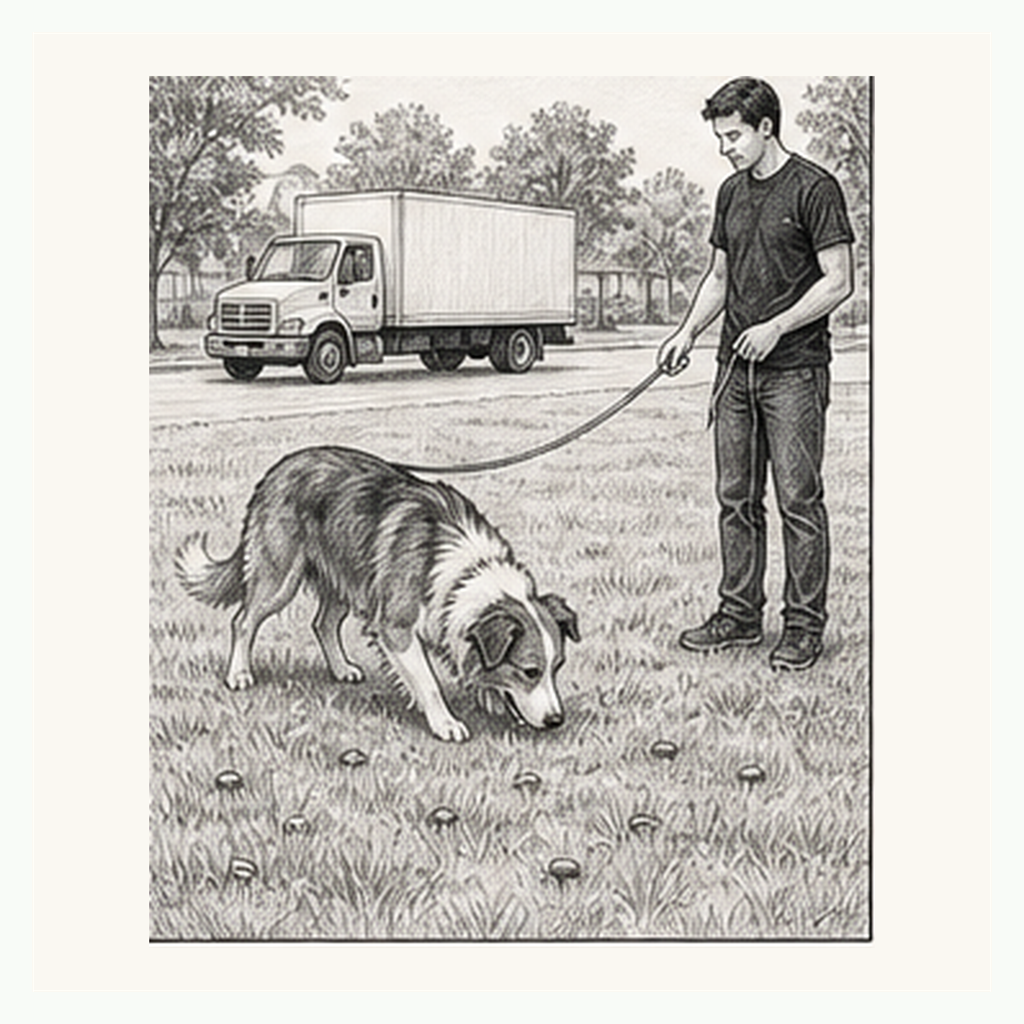 Detailed sketch of a dog sniffing for scattered treats while a delivery truck passes in the background