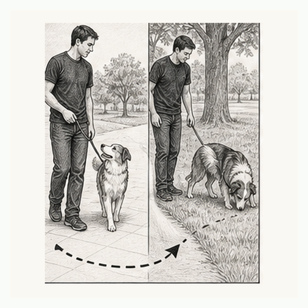 Detailed sketch of a dog switching from focused leash walking to a permitted sniff break at a tree