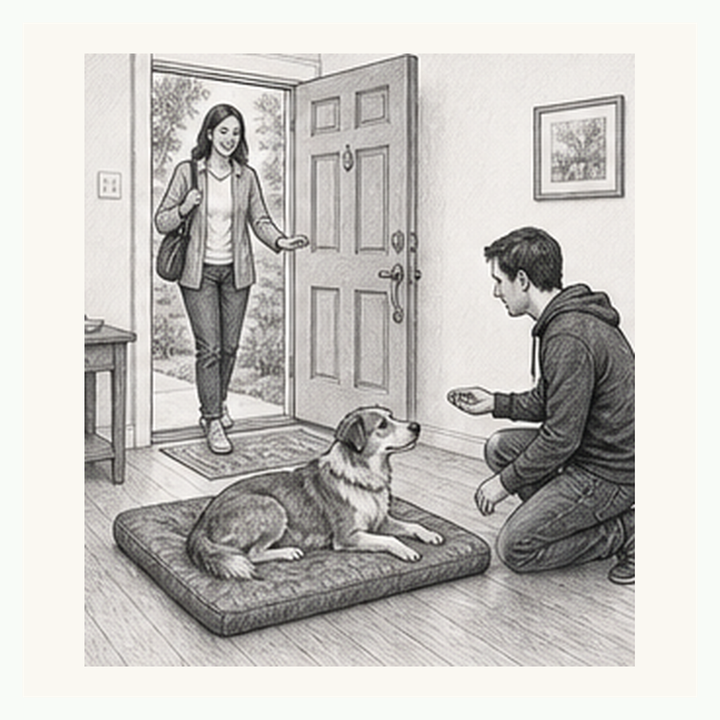 Detailed sketch of a dog settled on a mat while a guest enters and the handler rewards calm behavior