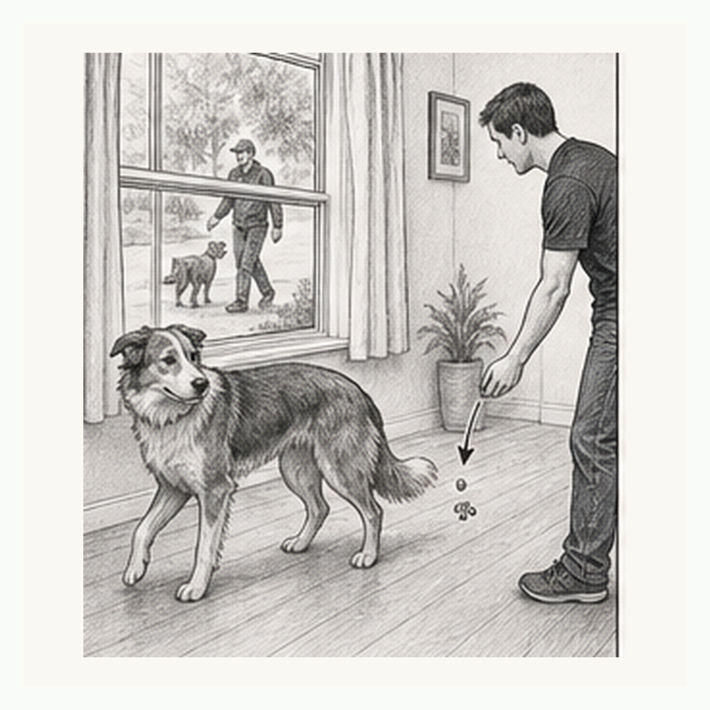 Detailed sketch of a dog turning away from a window trigger toward a dropped treat reset