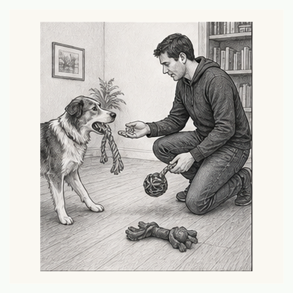 Detailed sketch of a dog releasing a rope toy during a calm drop-and-trade exercise