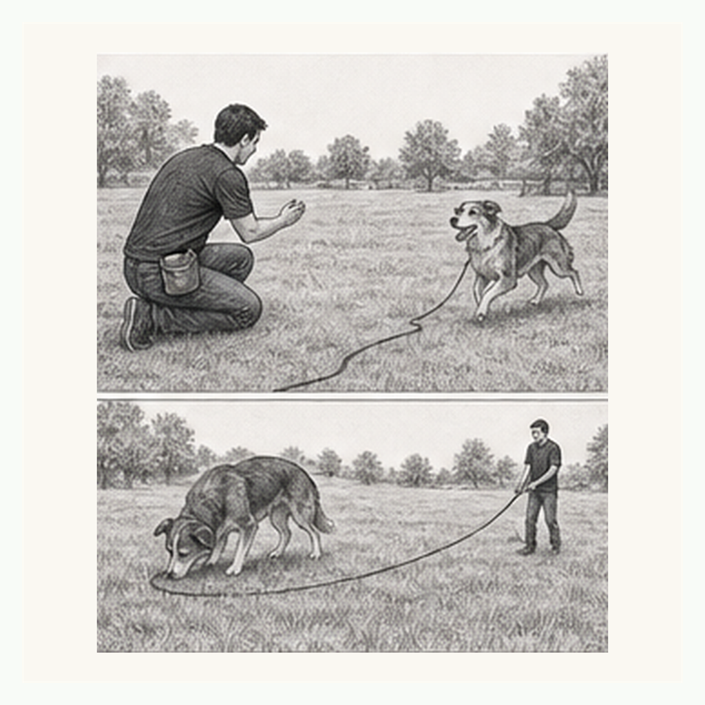 Detailed sketch of a dog returning on a long line from outdoor sniffing to the crouched handler