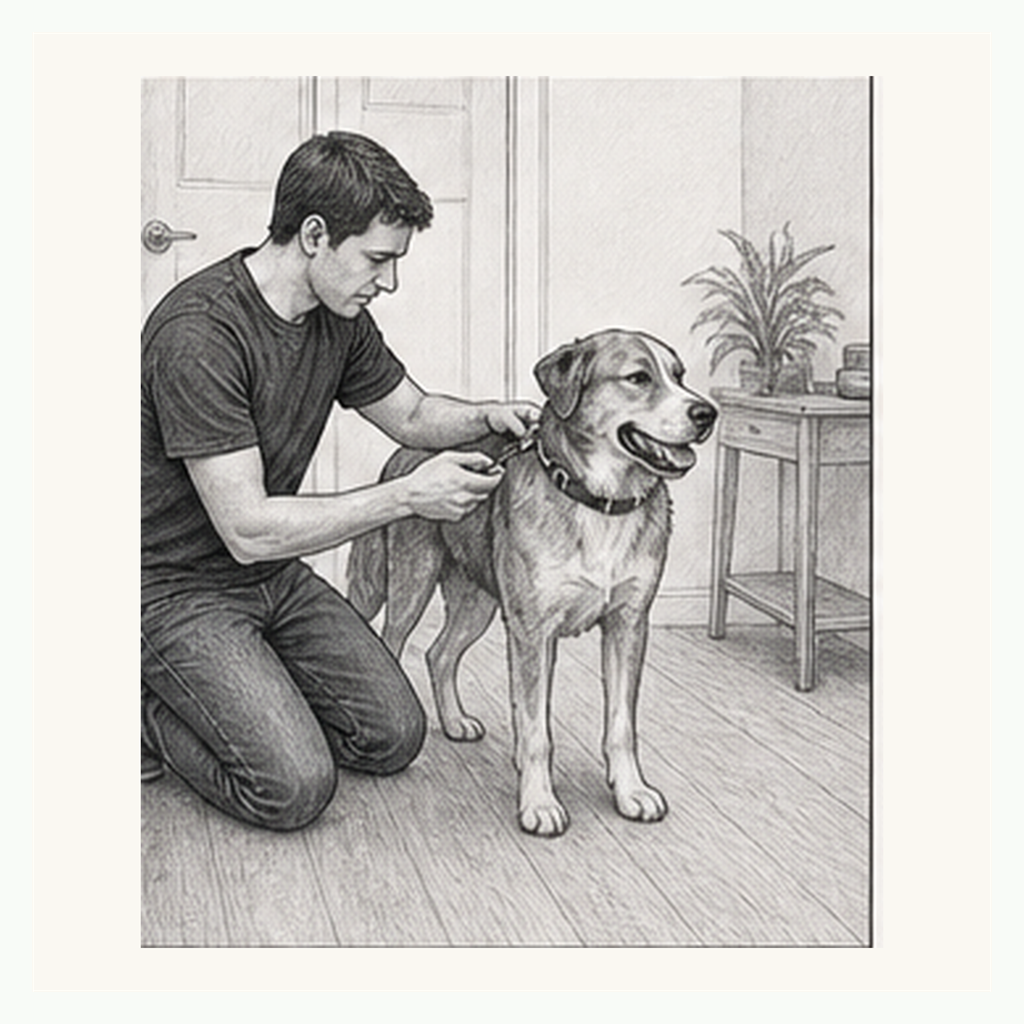 Detailed sketch of a dog accepting calm collar handling and leash clipping in a quiet room