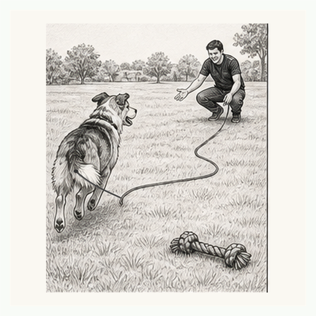 Sketch of dog ignoring food container and recalling