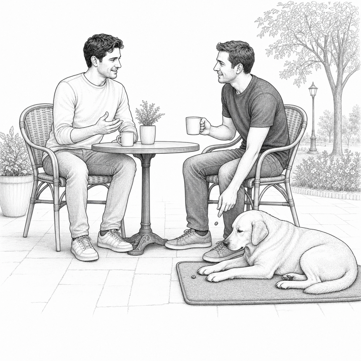 Detailed sketch of a dog settled on a mat during a calm conversation in a public setting