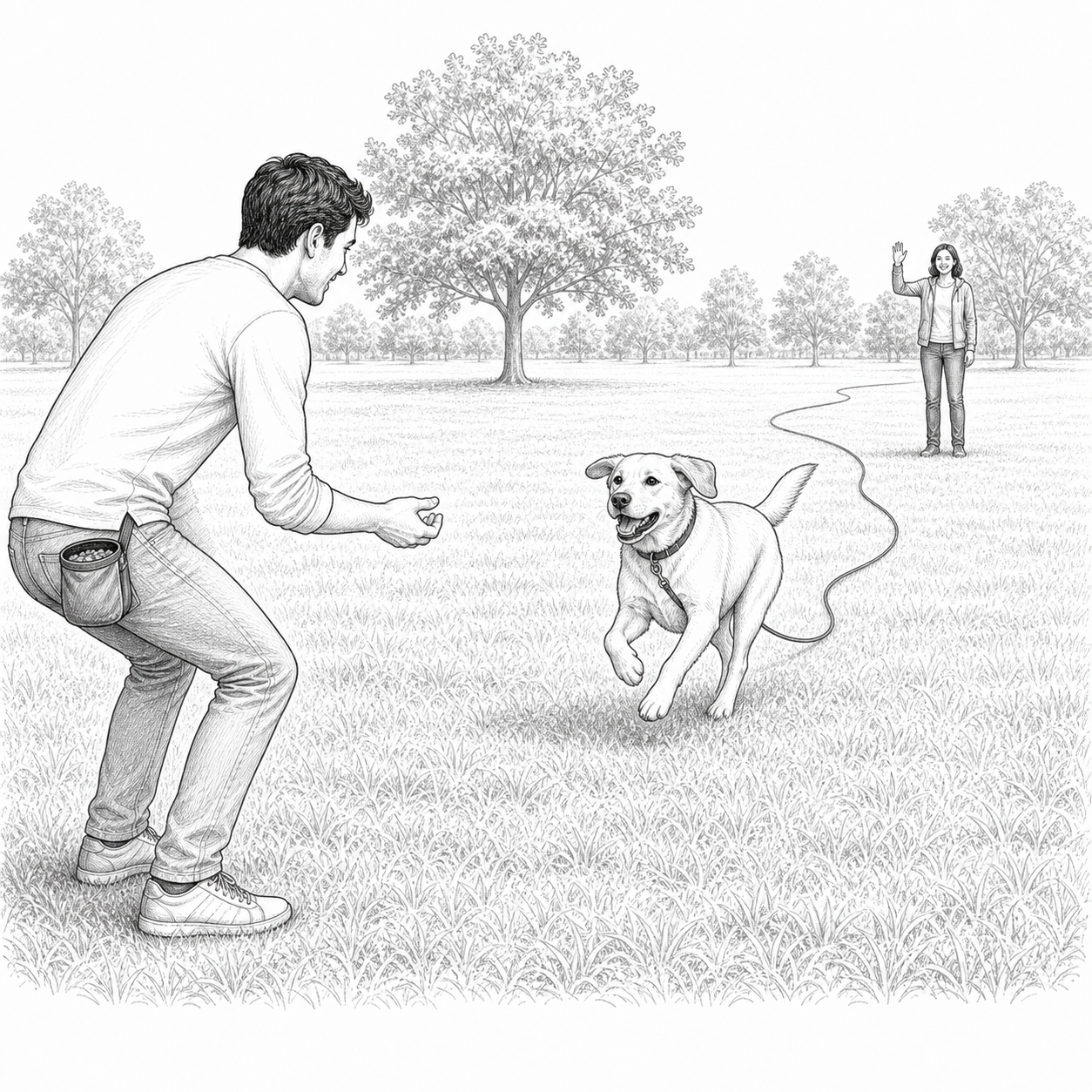 Detailed sketch of a dog recalling past a favorite person on a long line back to the handler