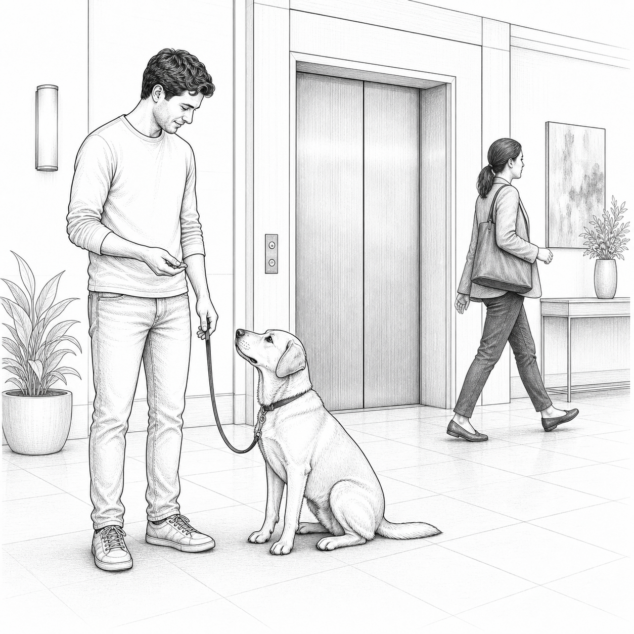 Detailed sketch of a dog staying calm beside the handler in a lobby while another person passes